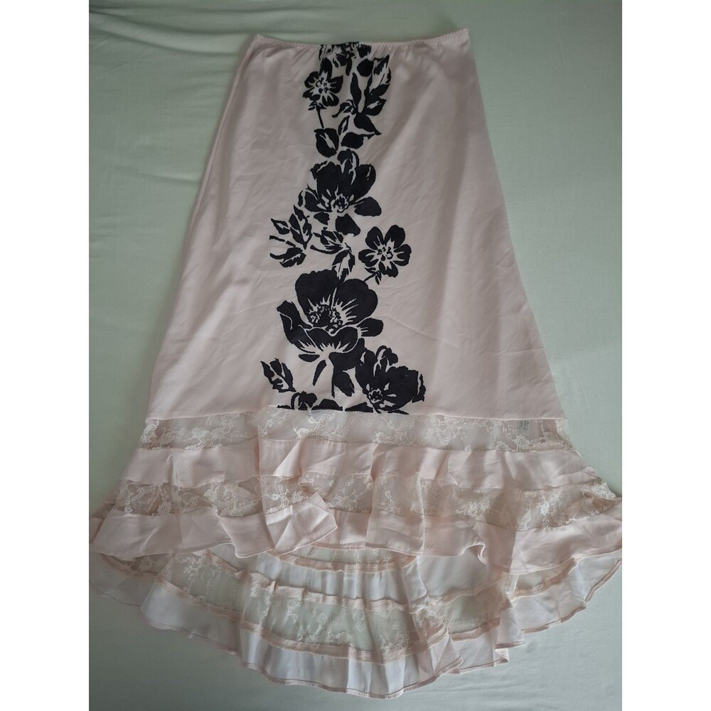 Free People Long Lost Lover Maxi Slip Skirt Lace Inset Satin Flouncy Pink M EC